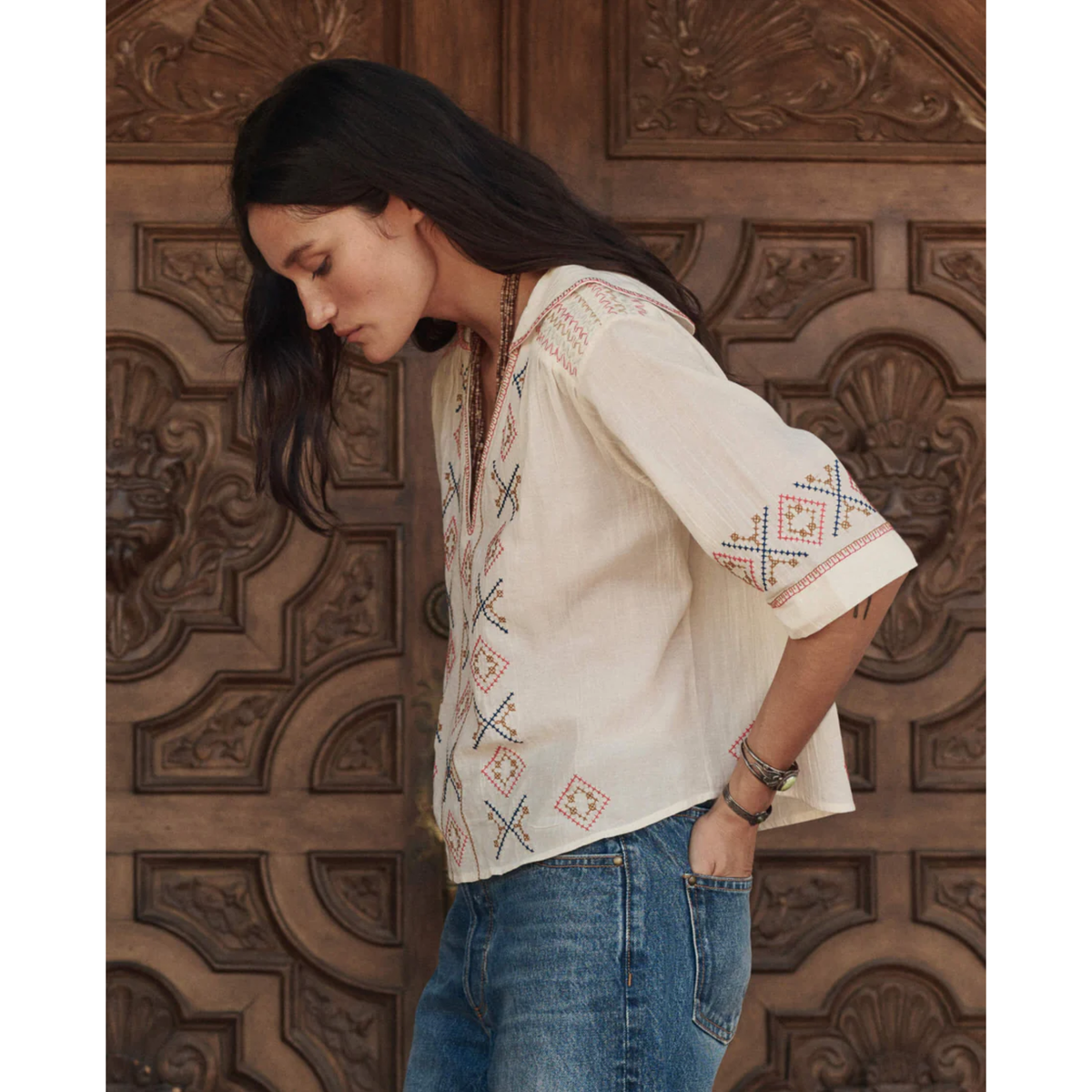 The Embroidered Vintage Sailor Top - Cream