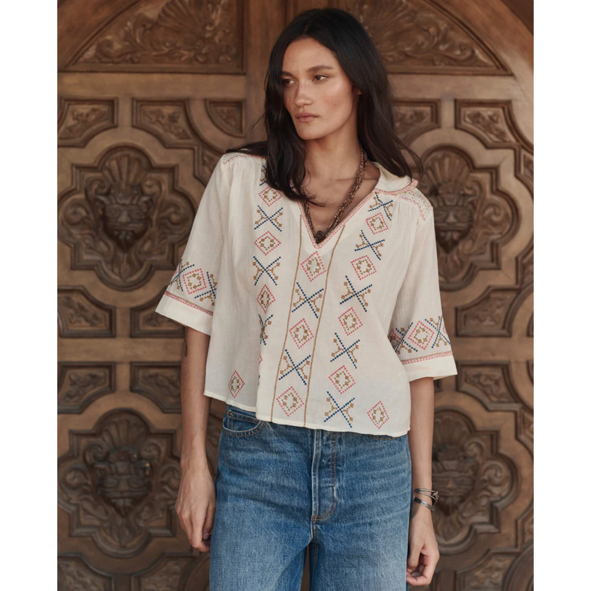 The Embroidered Vintage Sailor Top - Cream