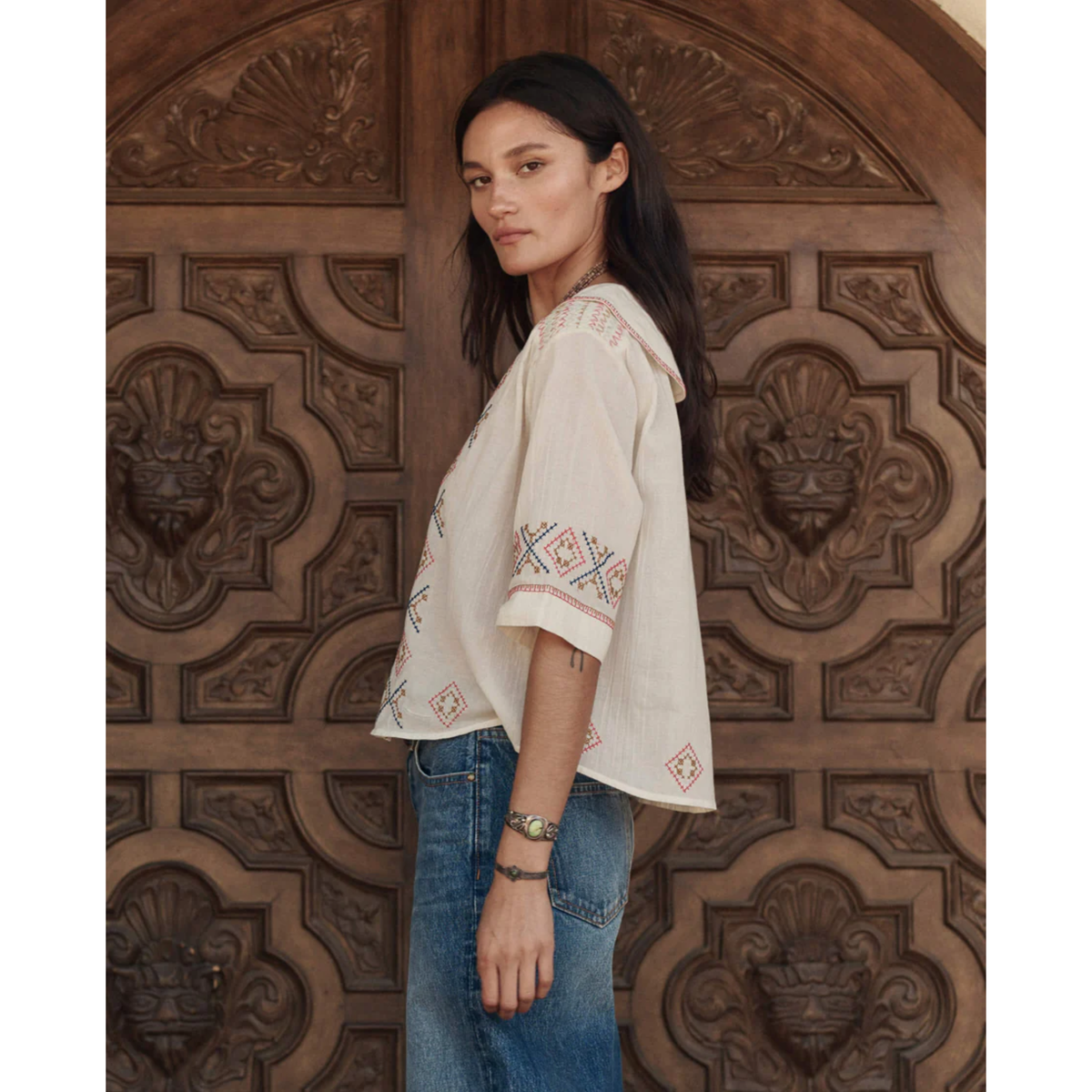 The Embroidered Vintage Sailor Top - Cream