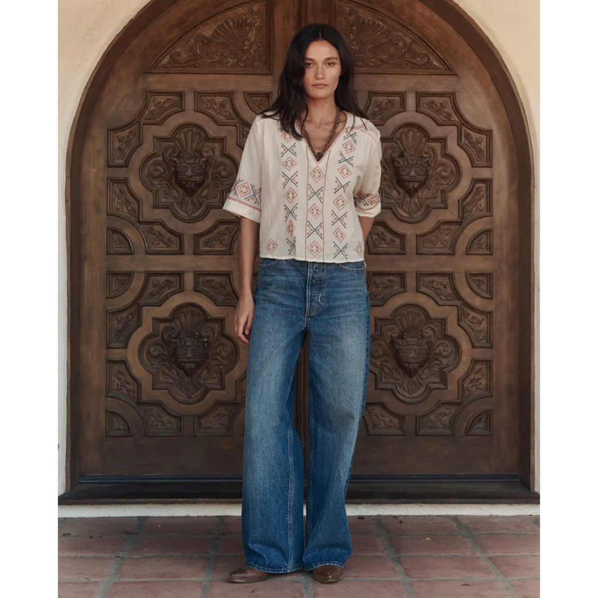 The Embroidered Vintage Sailor Top - Cream