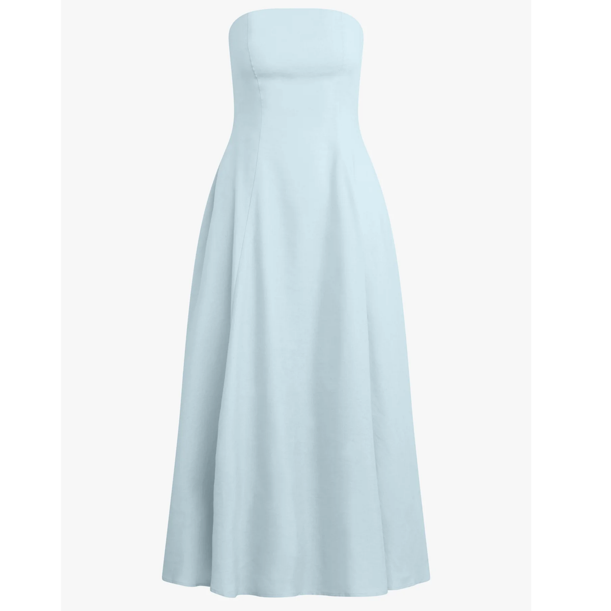 A strapless light blue midi dress with a fitted bodice and a flared skirt, shown against a plain light gray background.
