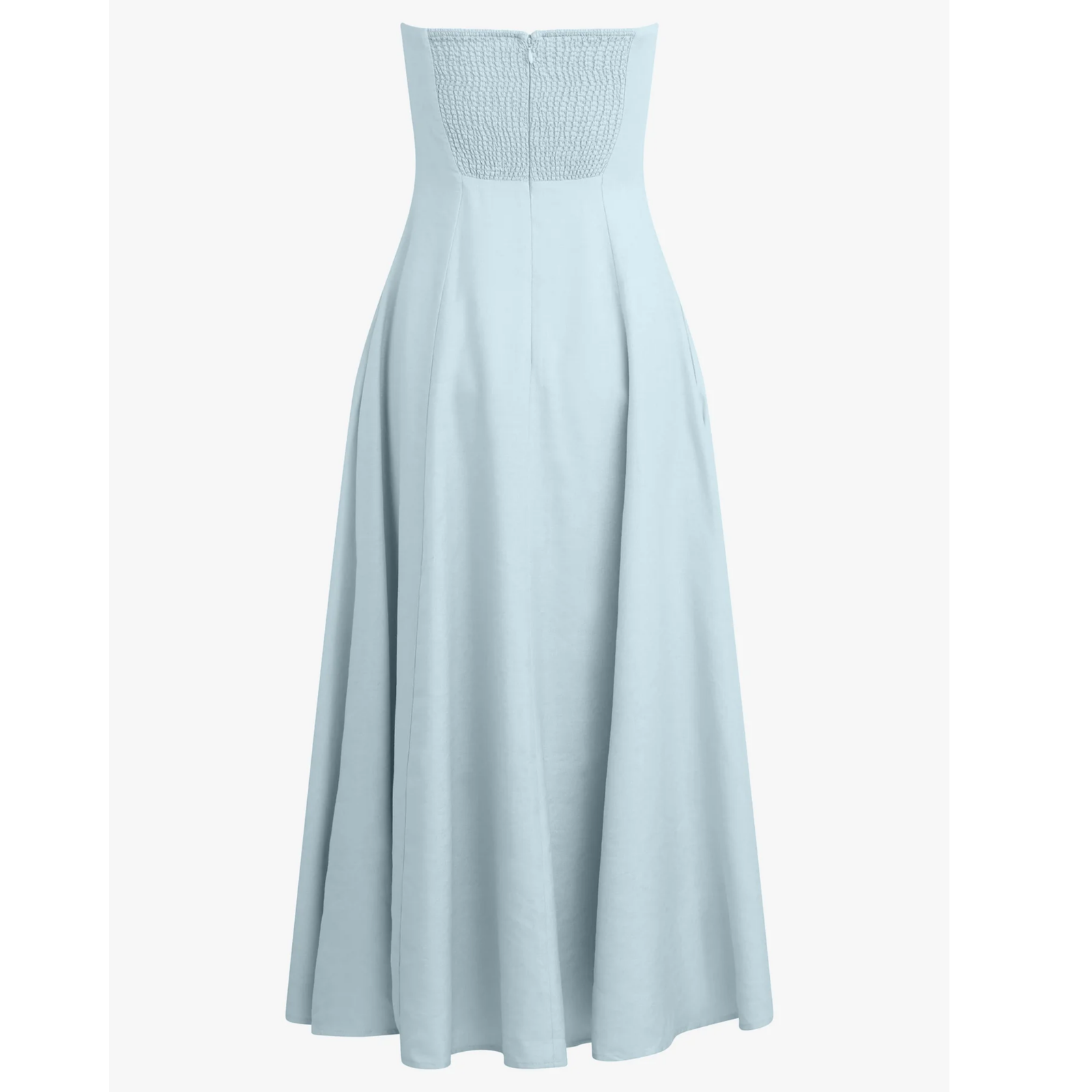 A strapless light blue midi dress with a fitted bodice and a flared skirt, shown against a plain light gray background.