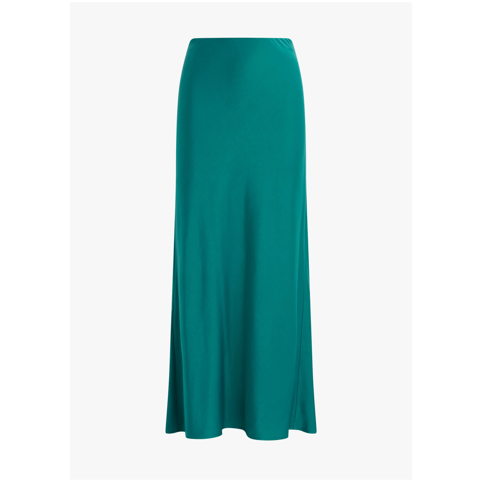 A teal green satin midi skirt with a high waistband, shown against a plain white background.