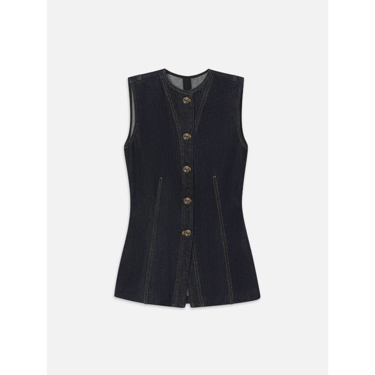 A dark indigo denim sleeveless vest with a button-up front and decorative gold-tone buttons, displayed flat against a light gray background.