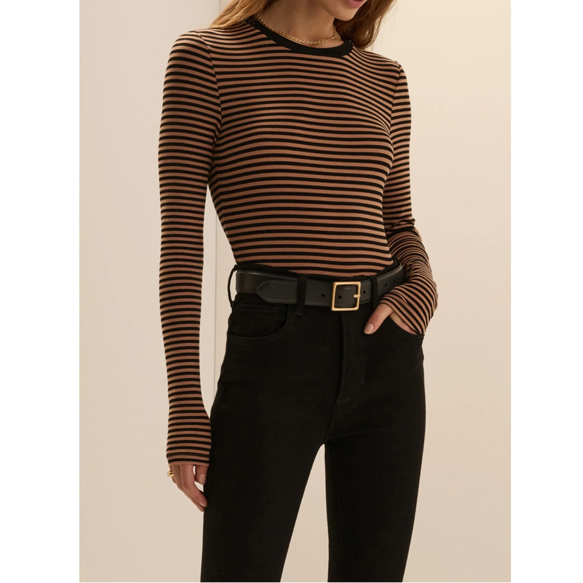The Foundation Long Sleeve Top - Camel Black Stripe