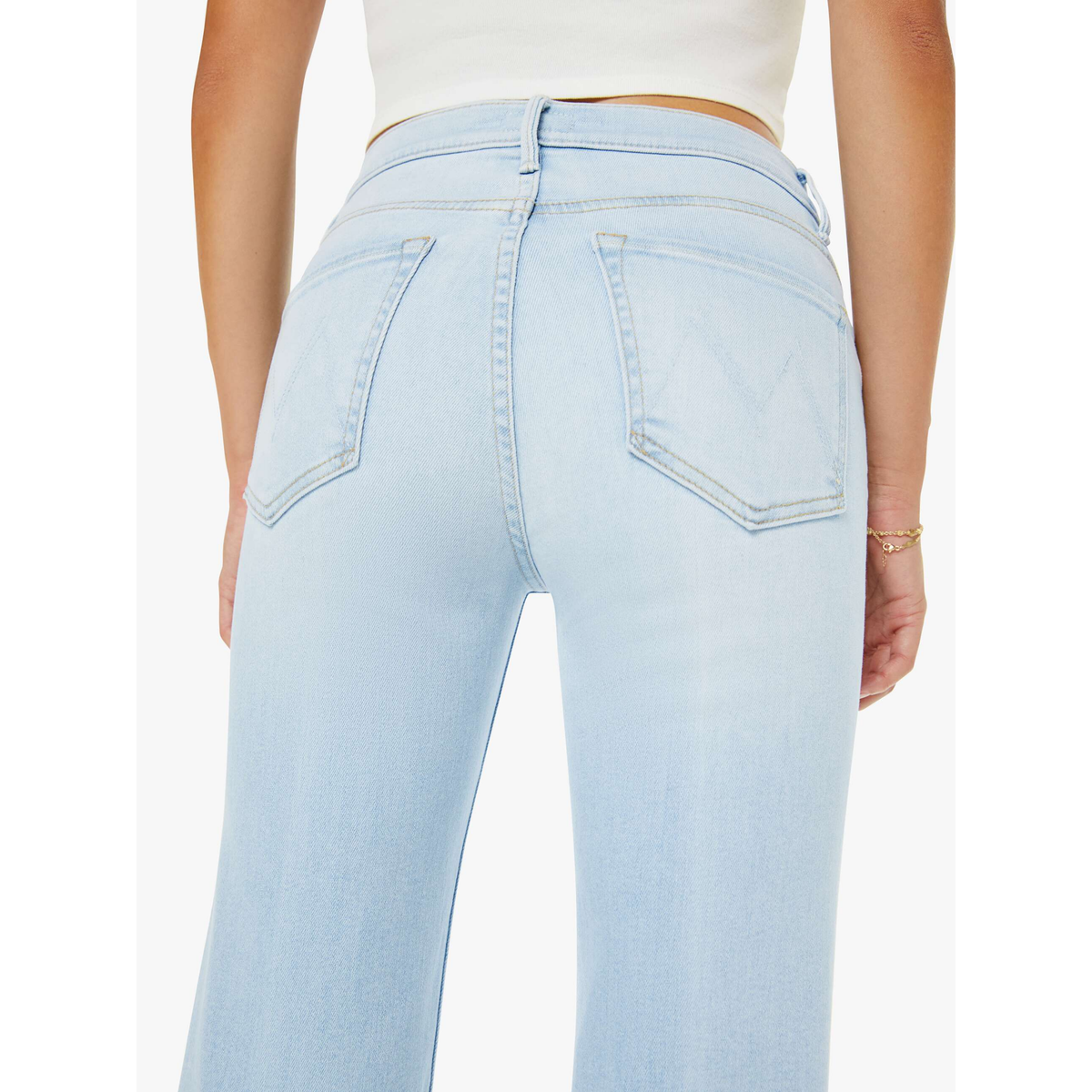 Light blue jeans worn by a person on a white background