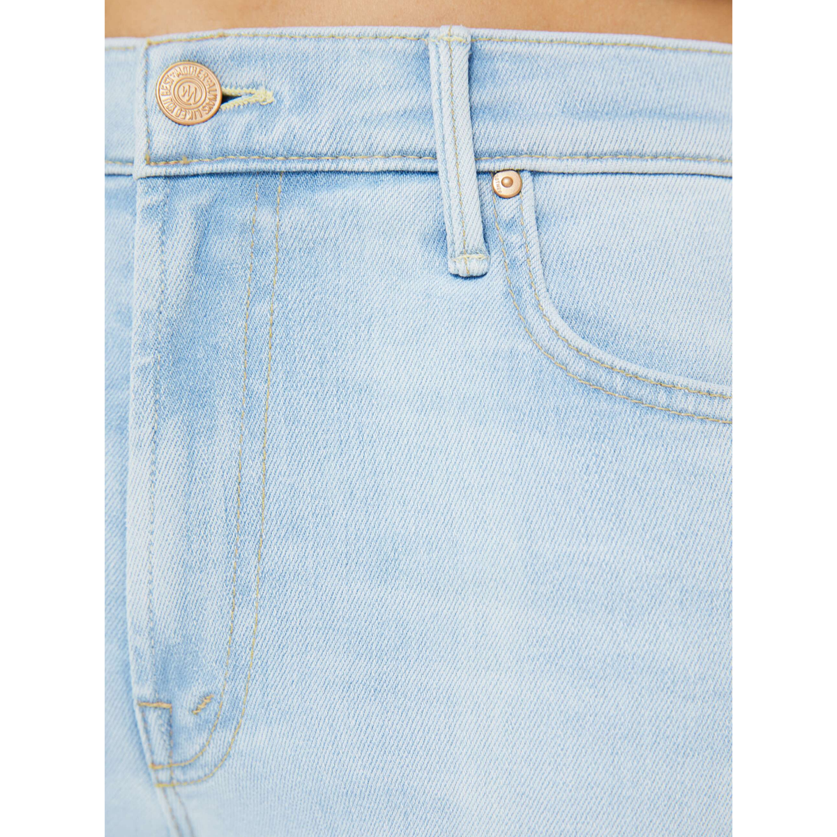 Close-up of light blue denim jeans with stitching details.