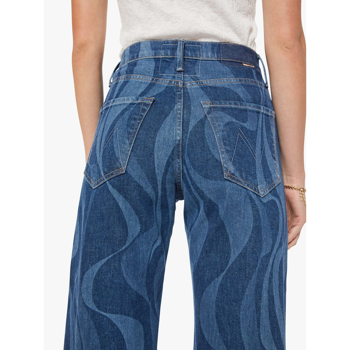 Blue jeans with wavy pattern worn by a person on a white background