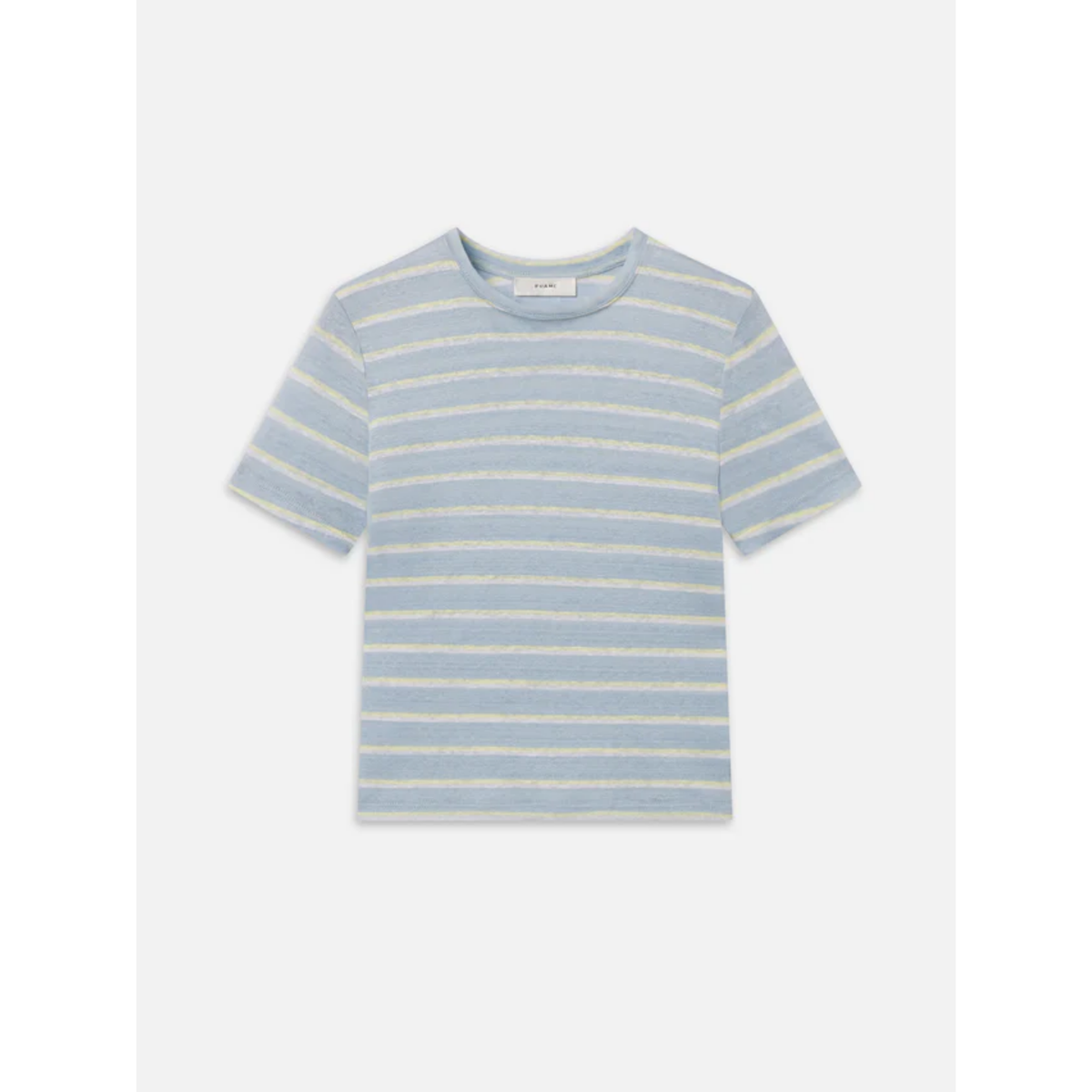 Blue and white striped t-shirt on a white background