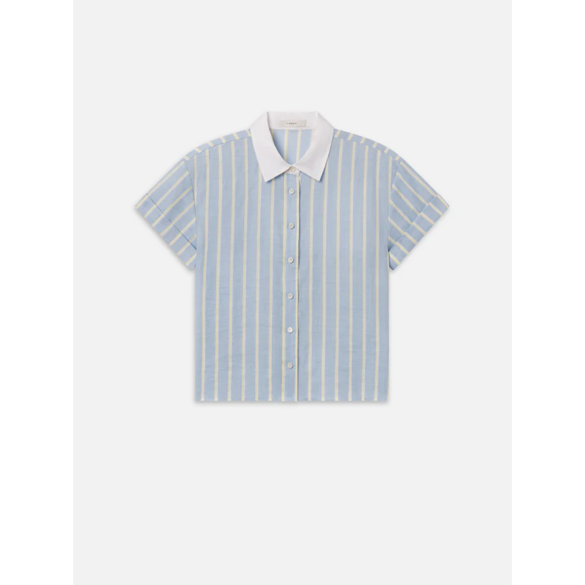 Short-sleeve shirt with blue and white stripes on a white background