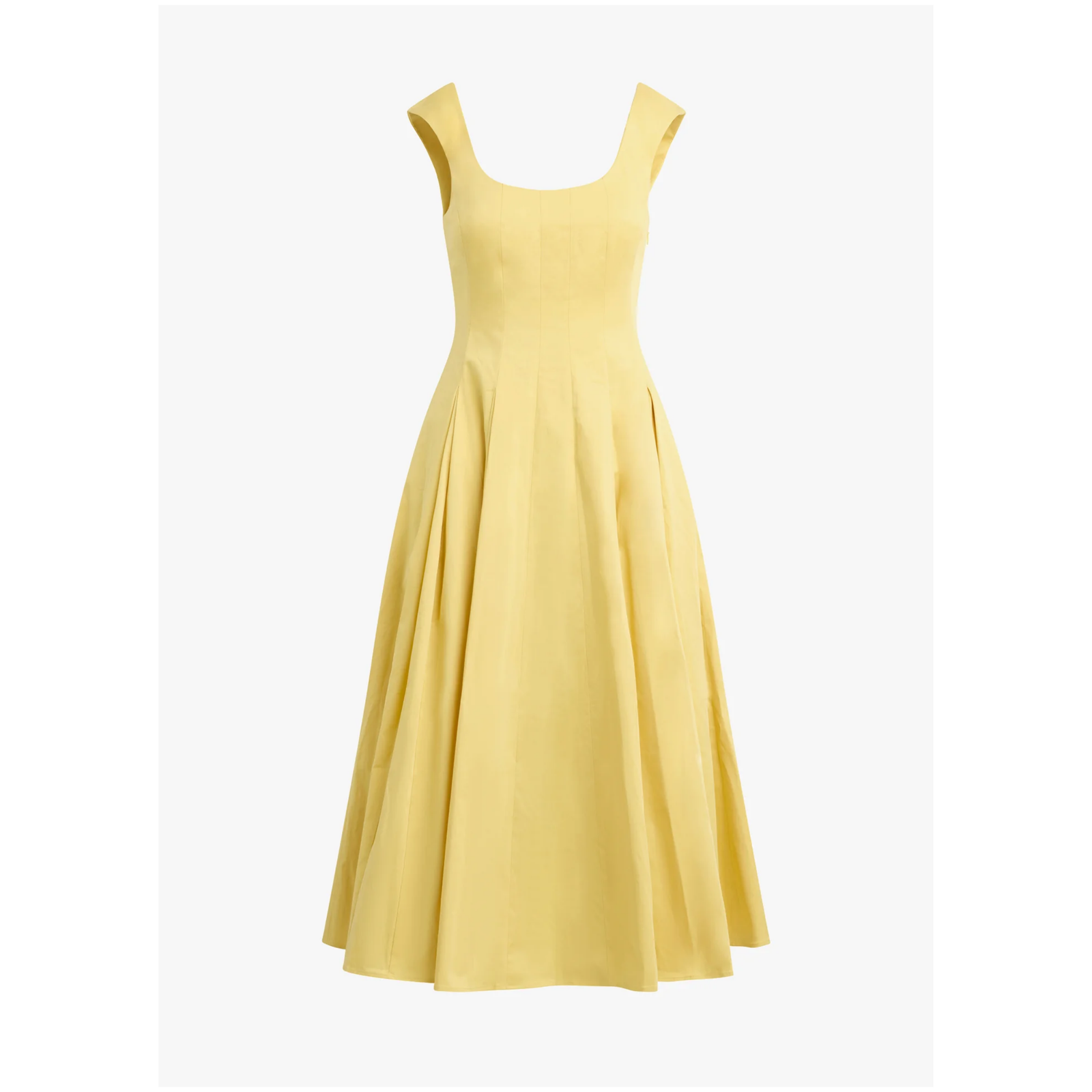 A pale yellow sleeveless midi dress with a scoop neckline and a flared skirt, shown against a plain white background.