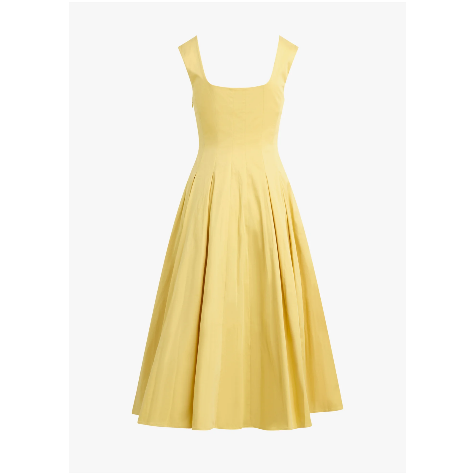 A pale yellow sleeveless midi dress with a scoop neckline and a flared skirt, shown against a plain white background.