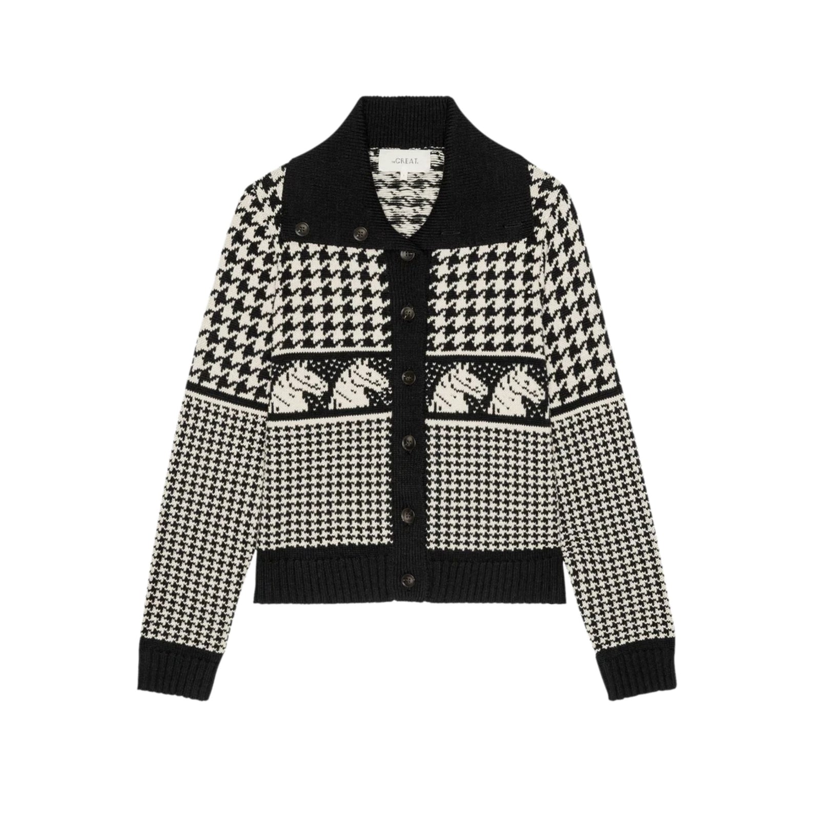 A black and white patterned cardigan sweater featuring houndstooth, horse motifs, and solid black ribbed trim, displayed on a clean white background.