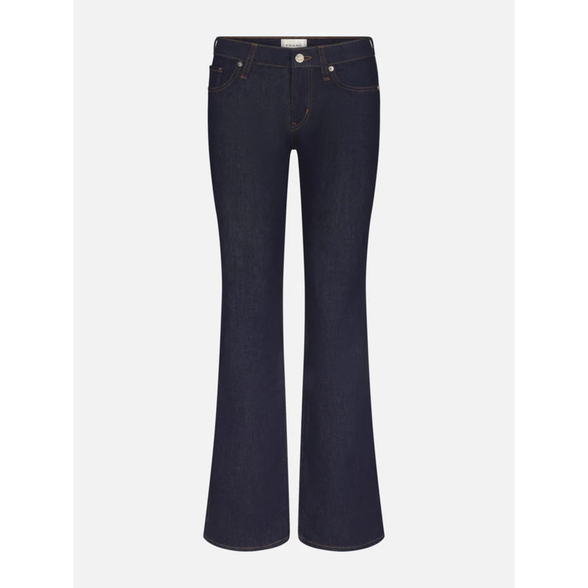 Dark navy blue flare jeans shown flat against a light gray background.