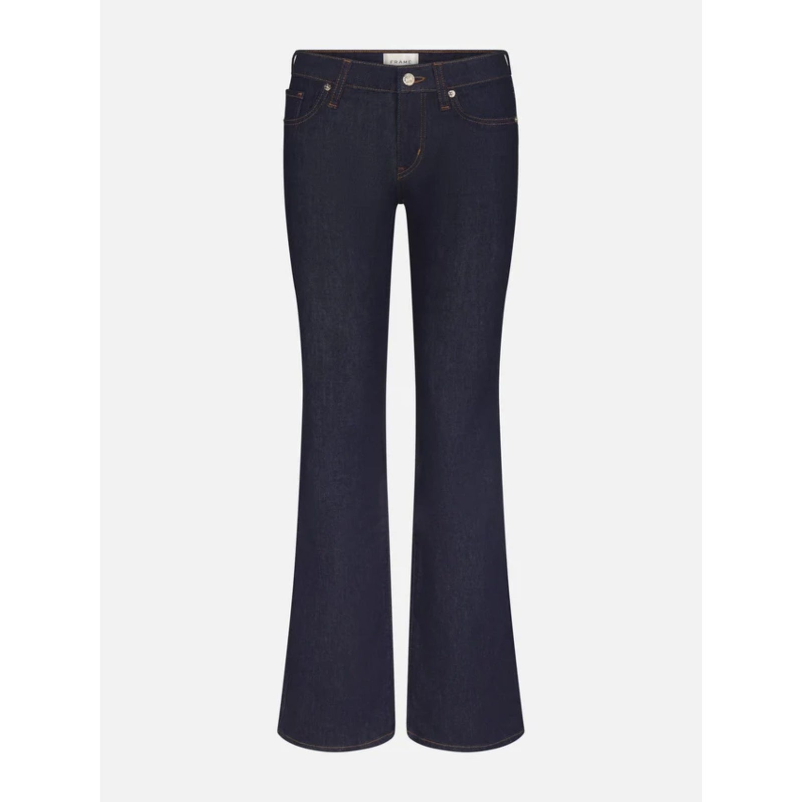 Dark navy blue flare jeans shown flat against a light gray background.