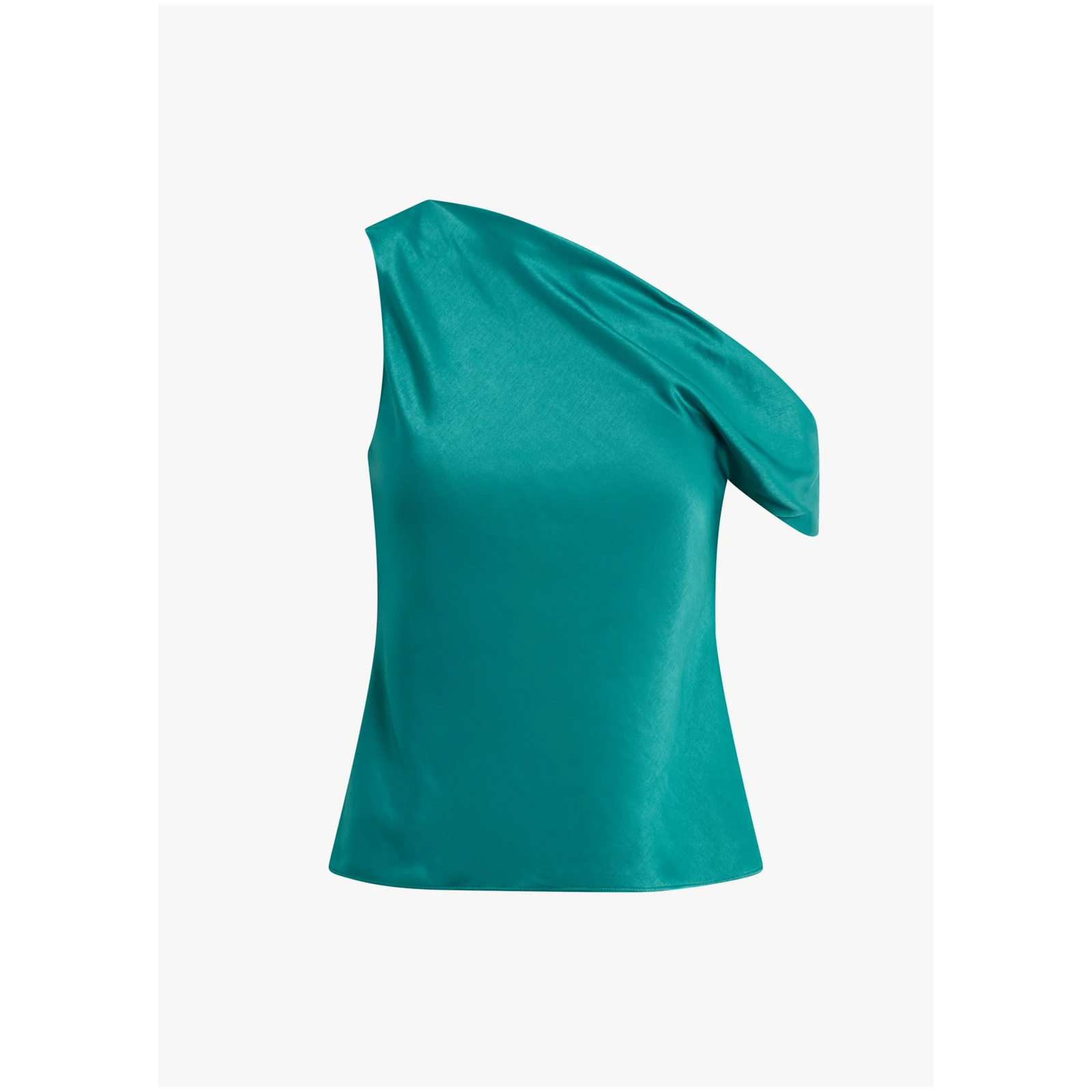 A teal green one-shoulder satin top displayed on a light gray background.