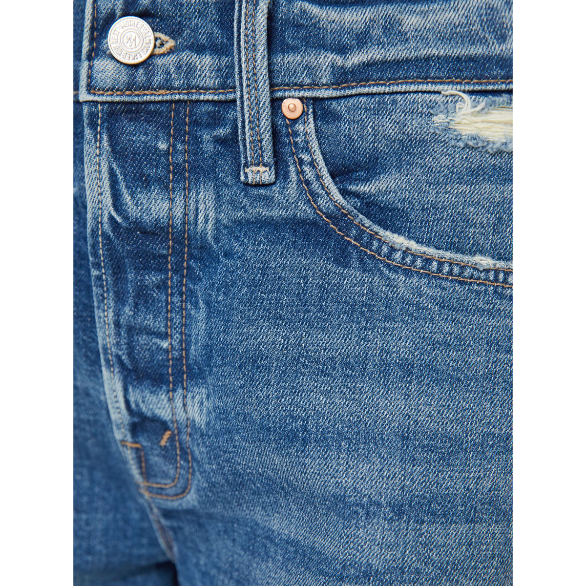 Close-up of blue denim jeans with a button and zipper detail.