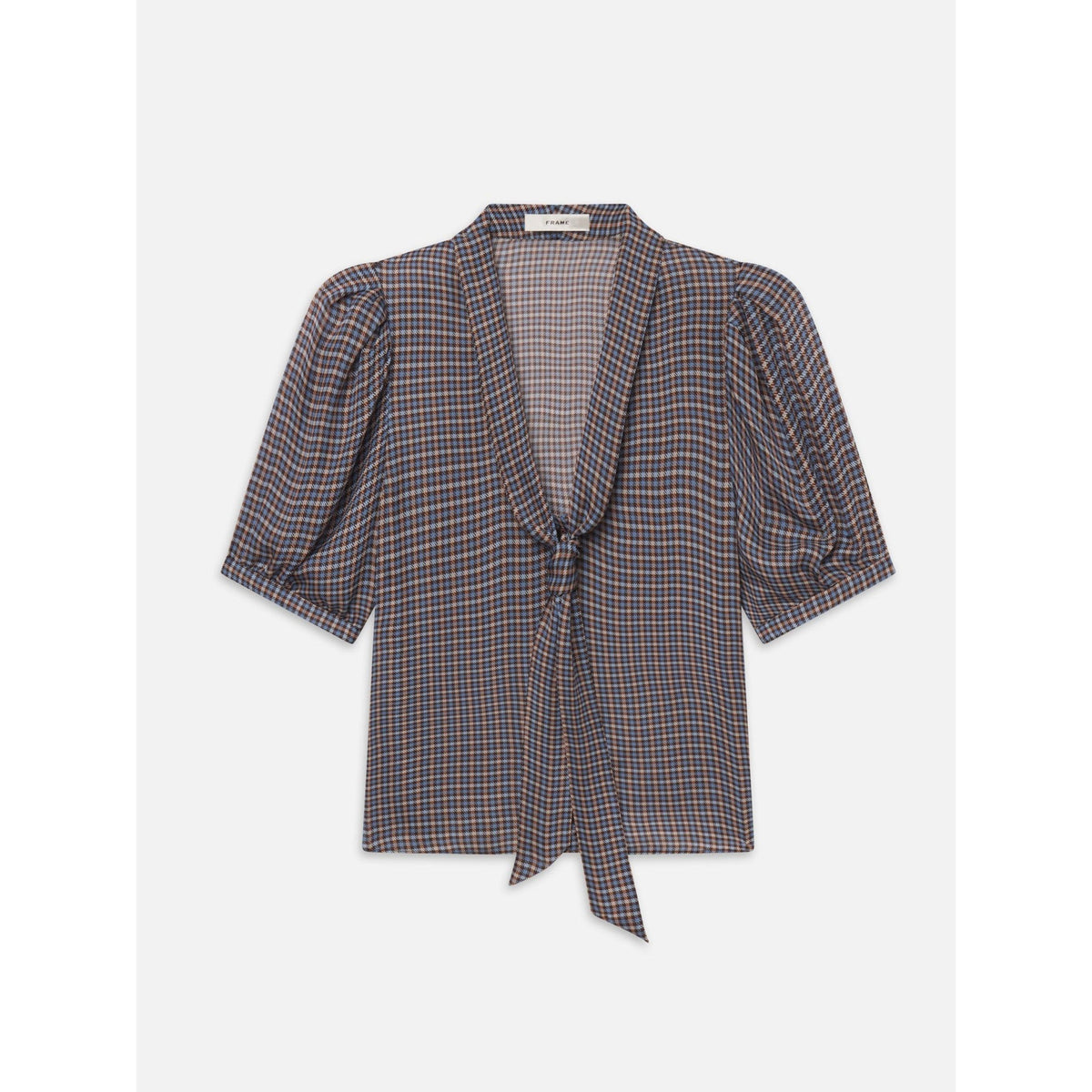 A women's short-sleeve wrap blouse with puff sleeves and a front tie detail, featuring a fine multicolor plaid pattern in navy, red, and beige on a light gray background.