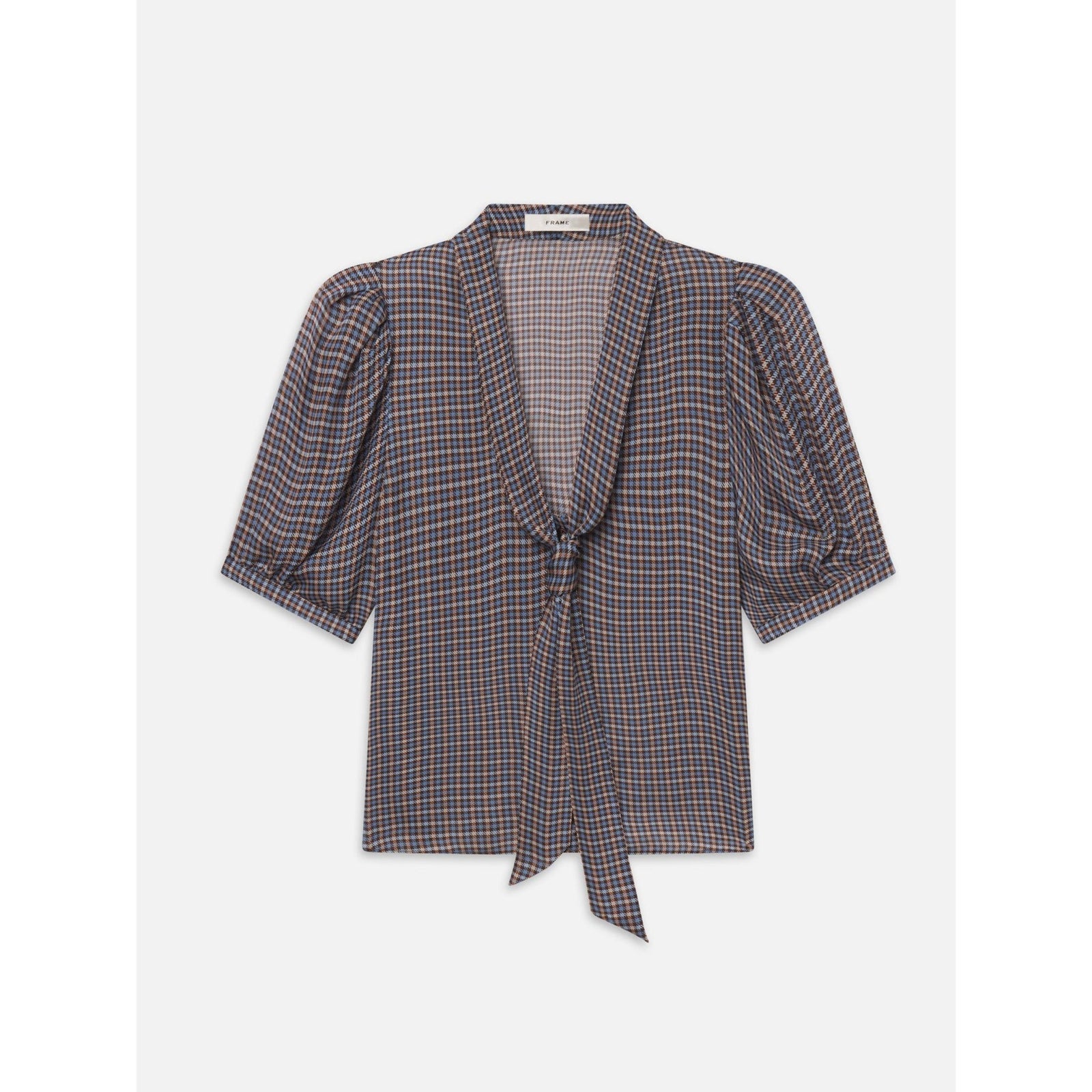 A women's short-sleeve wrap blouse with puff sleeves and a front tie detail, featuring a fine multicolor plaid pattern in navy, red, and beige on a light gray background.