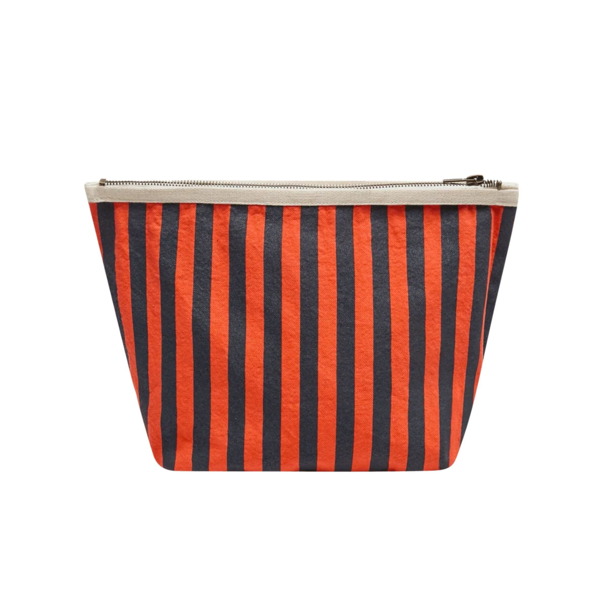 A zippered cosmetic pouch with vertical orange and black stripes, featuring a cream-colored top trim and zipper.