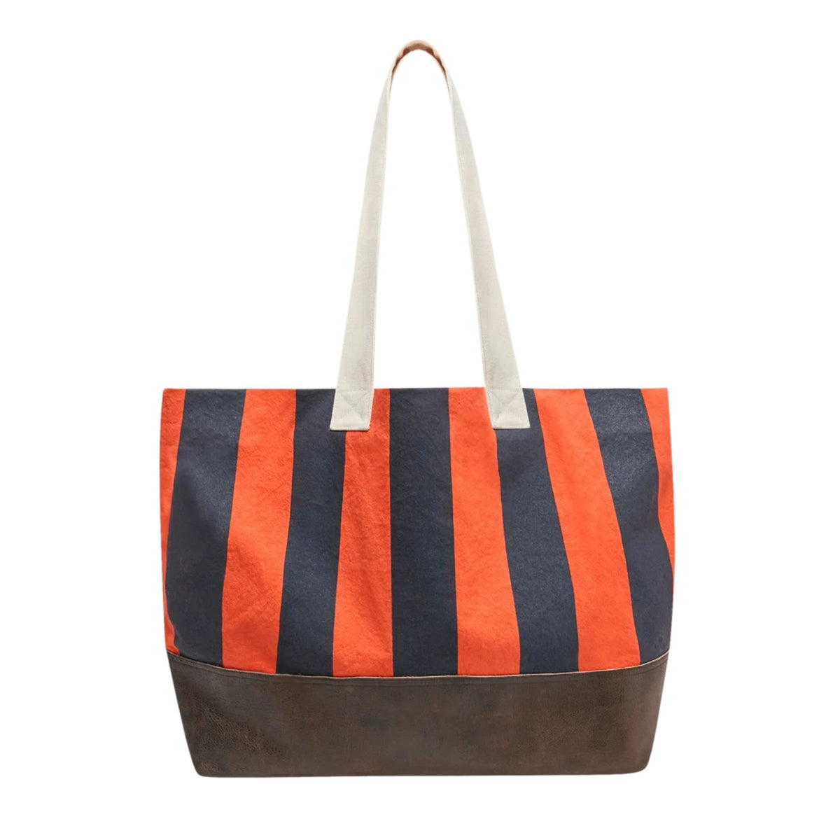 A tote bag with vertical orange and dark navy stripes on the upper body, a dark brown base, and off-white canvas shoulder straps, shown against a plain white background.