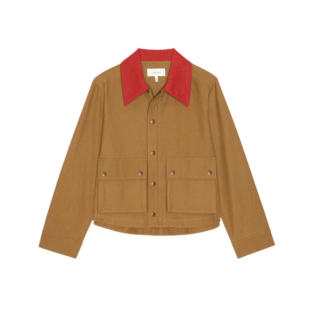 A cropped tan corduroy jacket with a contrasting red collar, featuring a snap-button front and two front flap pockets, displayed flat against a white background.