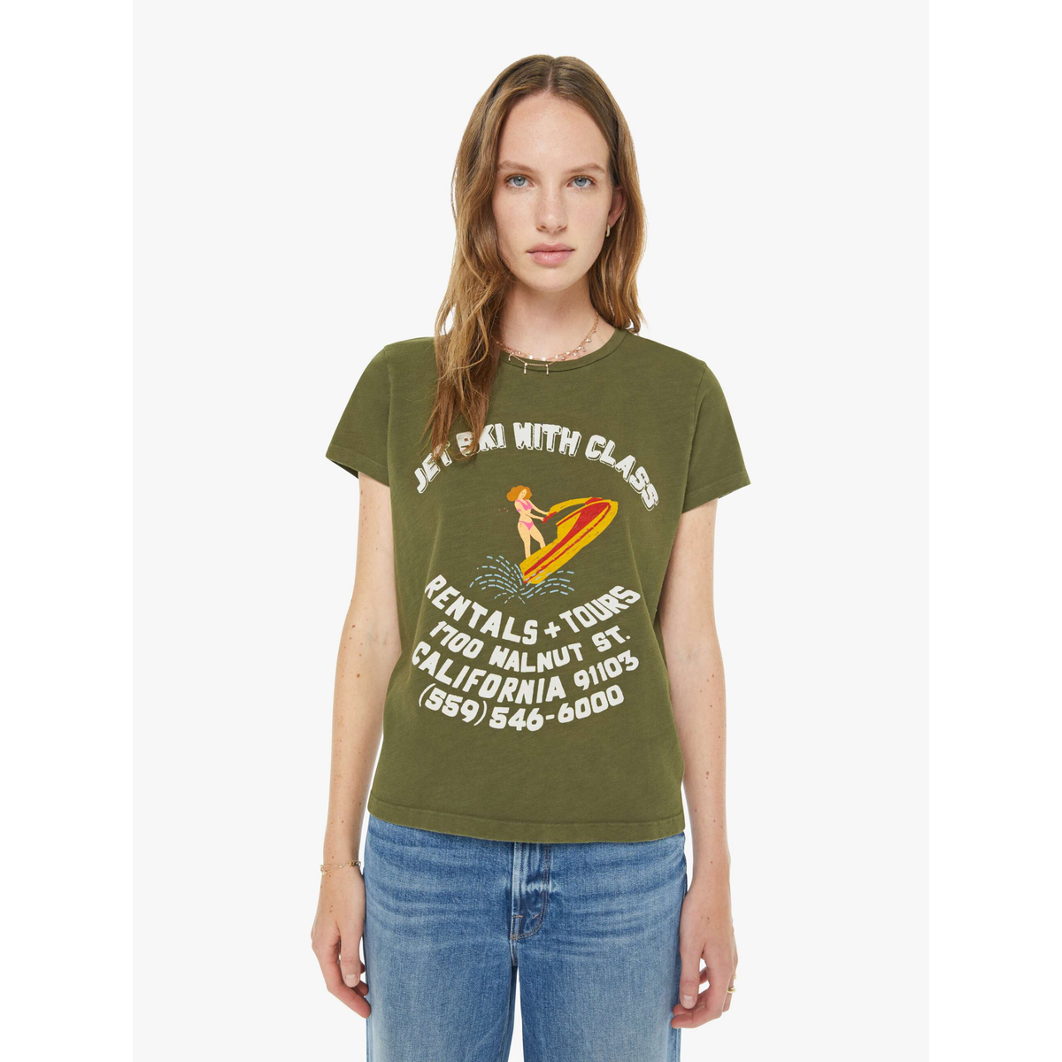 olive green graphic tee mother jet ski with class