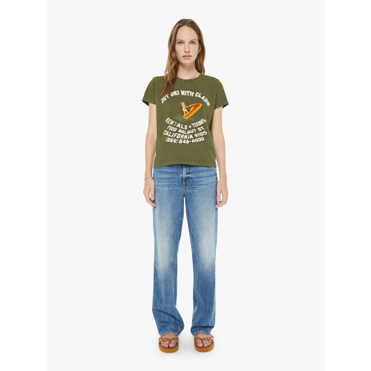 olive green graphic tee mother jet ski with class