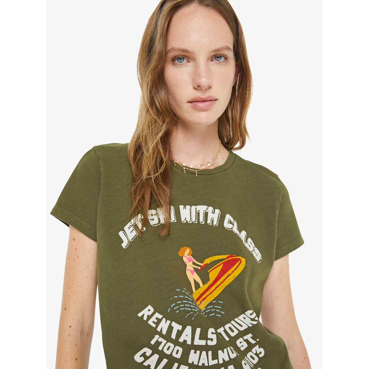 olive green graphic tee mother jet ski with class
