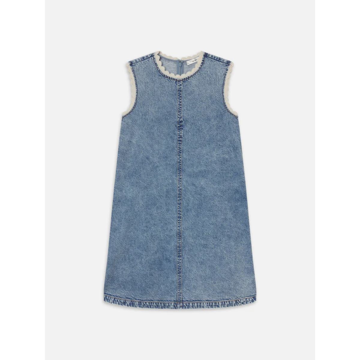 Blue denim dress with lace trim on a white background