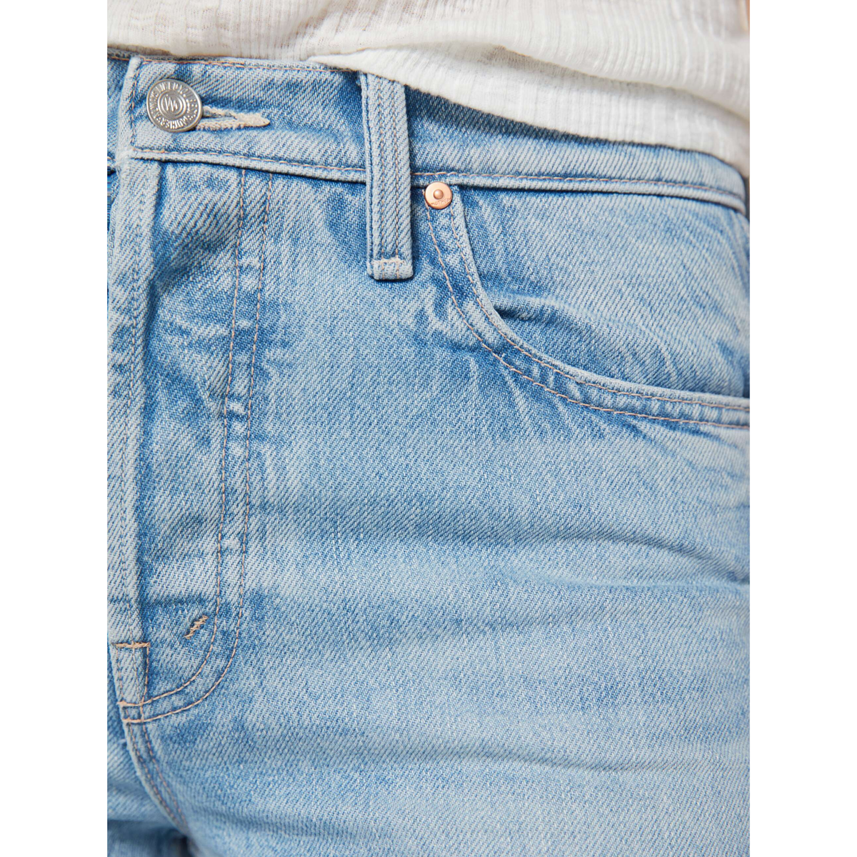 Close-up of blue jeans with a white shirt underneath