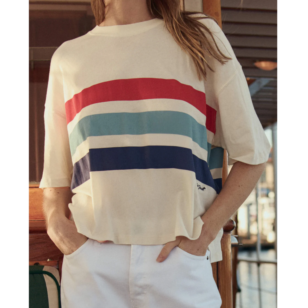 The Track Crew With Saltwater Stripe - Washed White