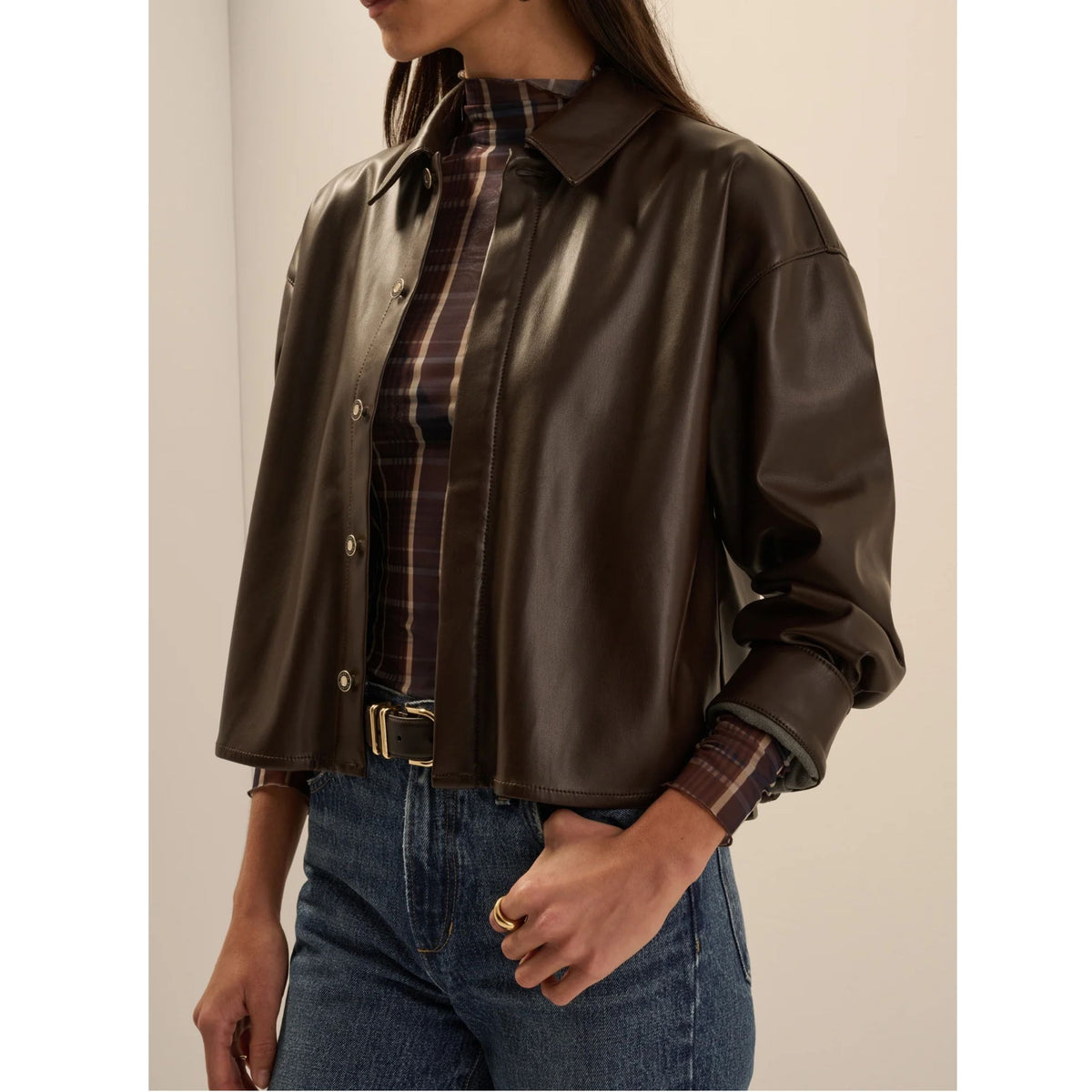 The Vegan Leather Crop Brady Shirt - Espresso