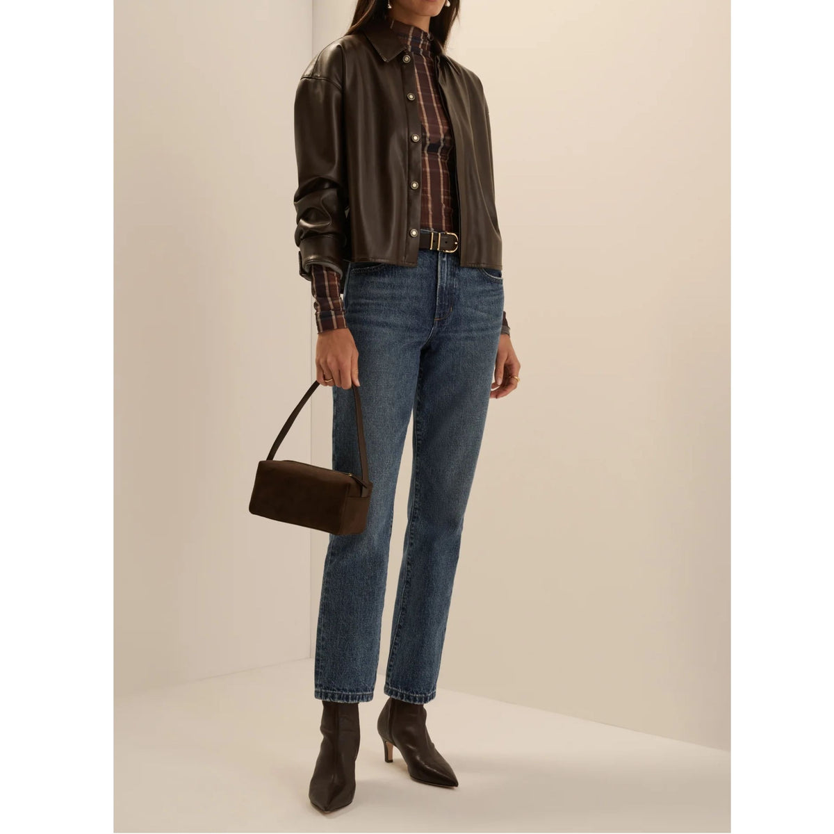 The Vegan Leather Crop Brady Shirt - Espresso
