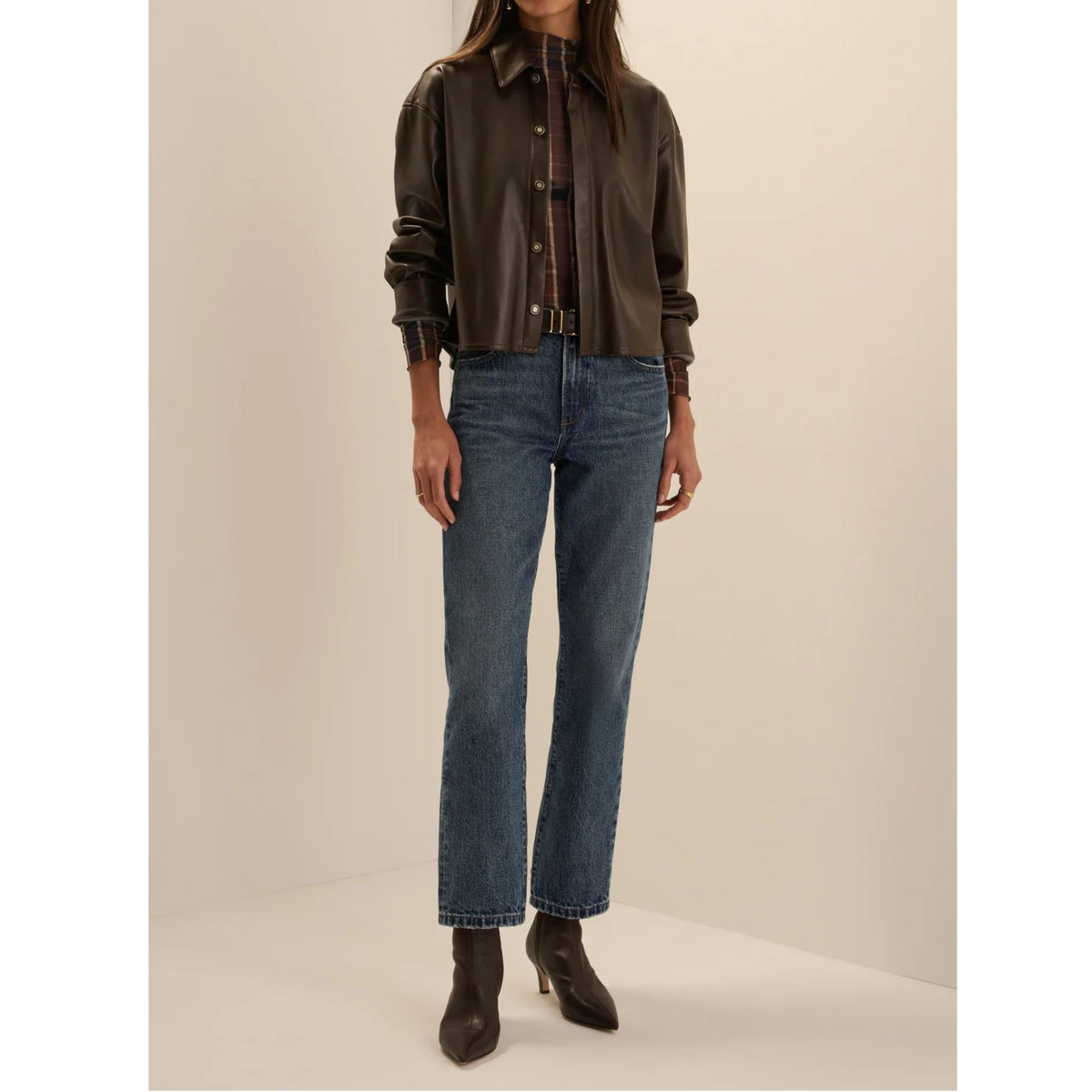 The Vegan Leather Crop Brady Shirt - Espresso