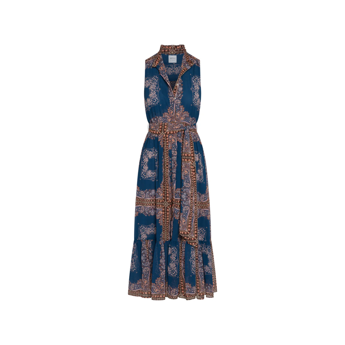 A sleeveless midi dress with a collared neckline, button-front bodice, and self-tie waist belt, featuring a blue base with brown and beige paisley-style patterns, shown against a plain white background.
