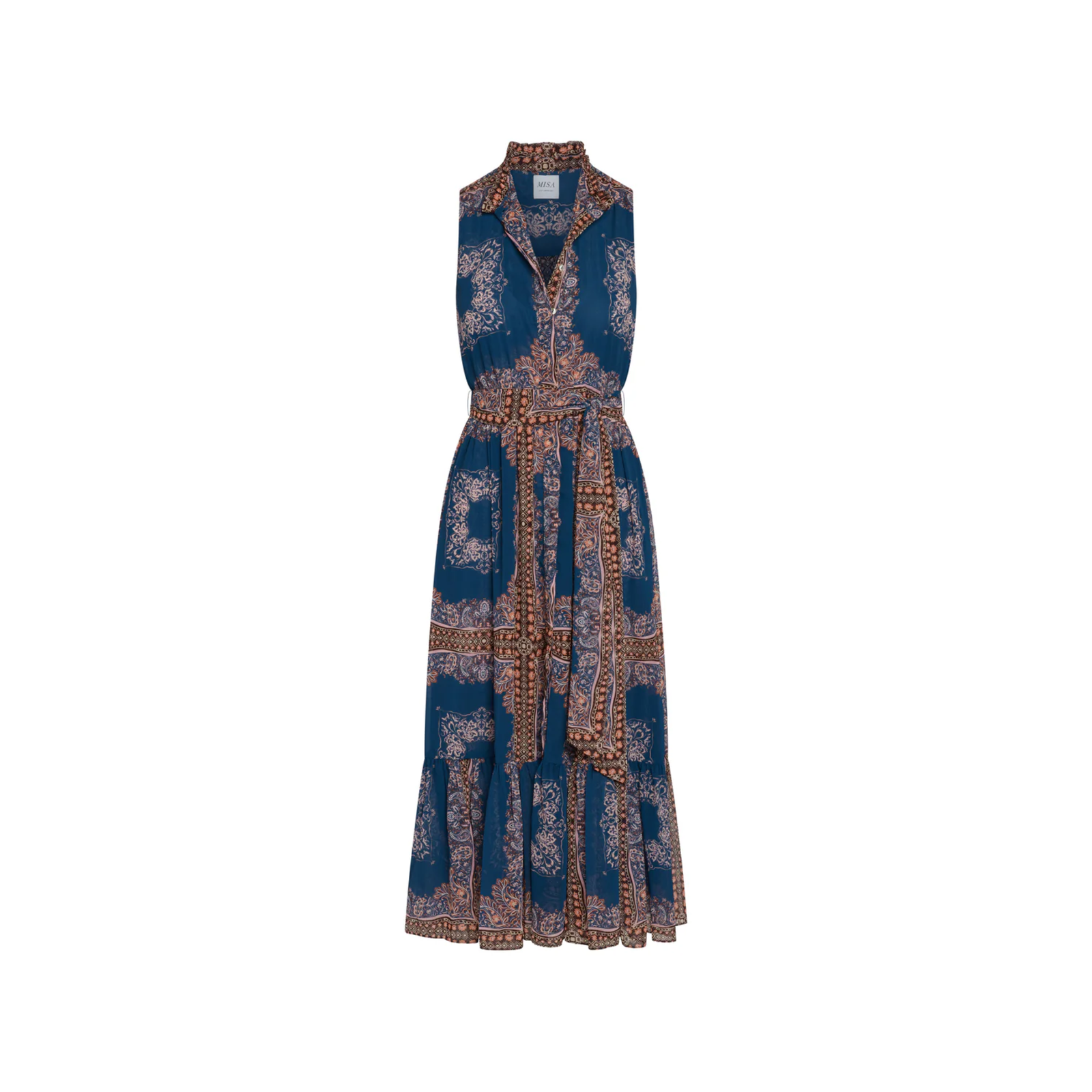 A sleeveless midi dress with a collared neckline, button-front bodice, and self-tie waist belt, featuring a blue base with brown and beige paisley-style patterns, shown against a plain white background.