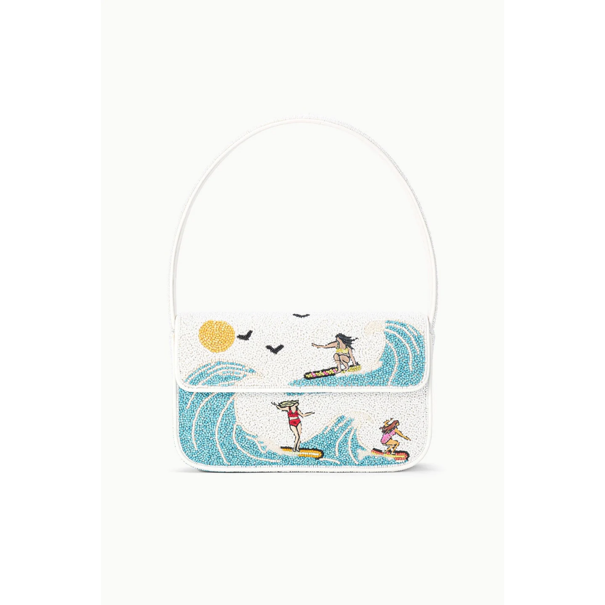 Small pouch with beach-themed design featuring people on surfboards and a wave.