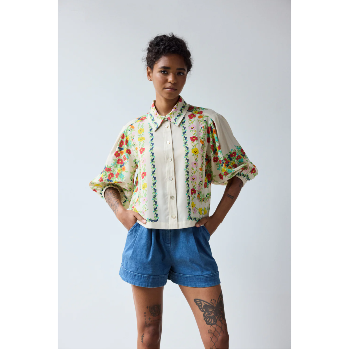 Tuck Sleeve Shirt - Custard Floral Scarf