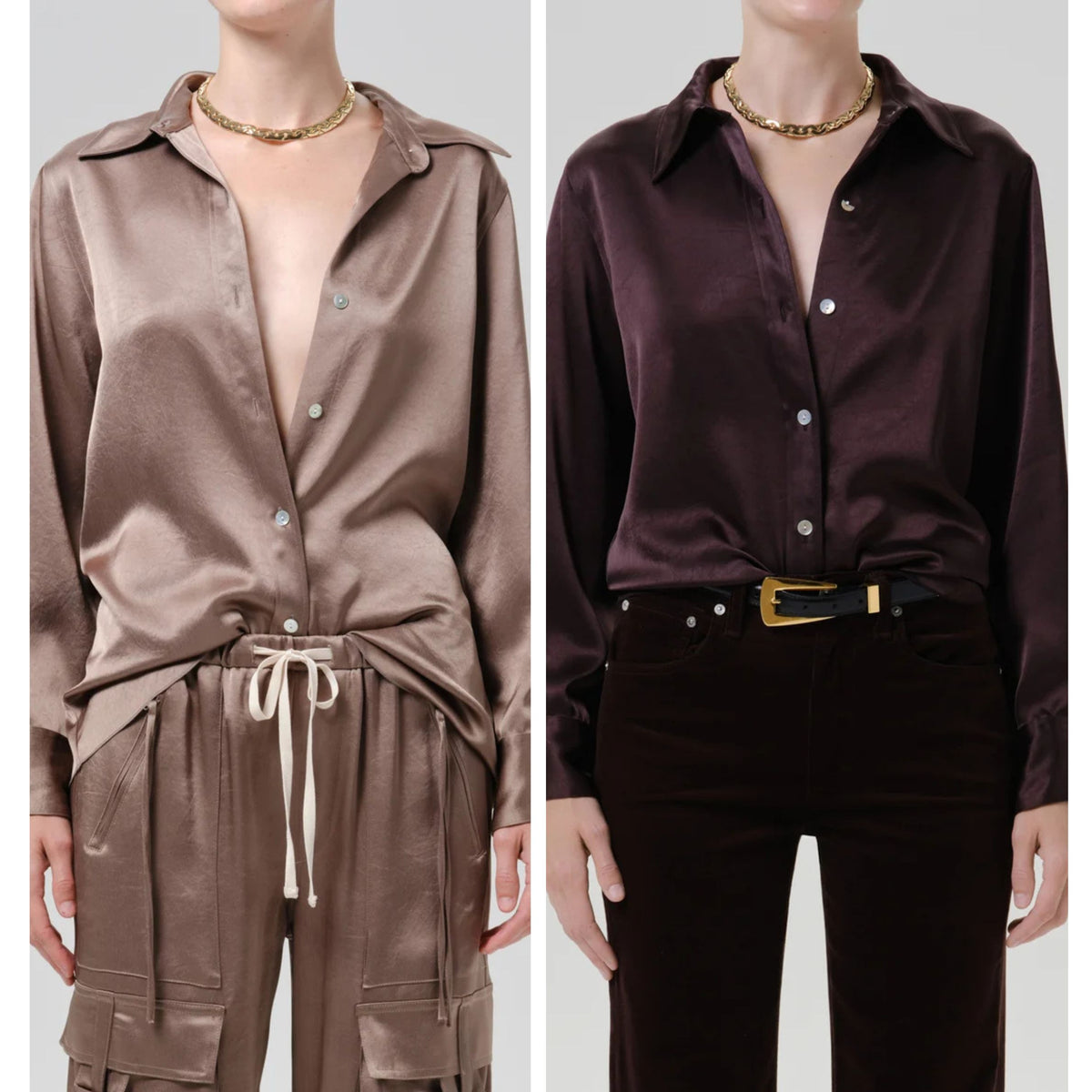 Two models wearing satin button-up shirts side by side. The left model wears a taupe-brown satin shirt with matching cargo pants, and the right model wears a very dark plum/burgundy satin shirt with dark pants.