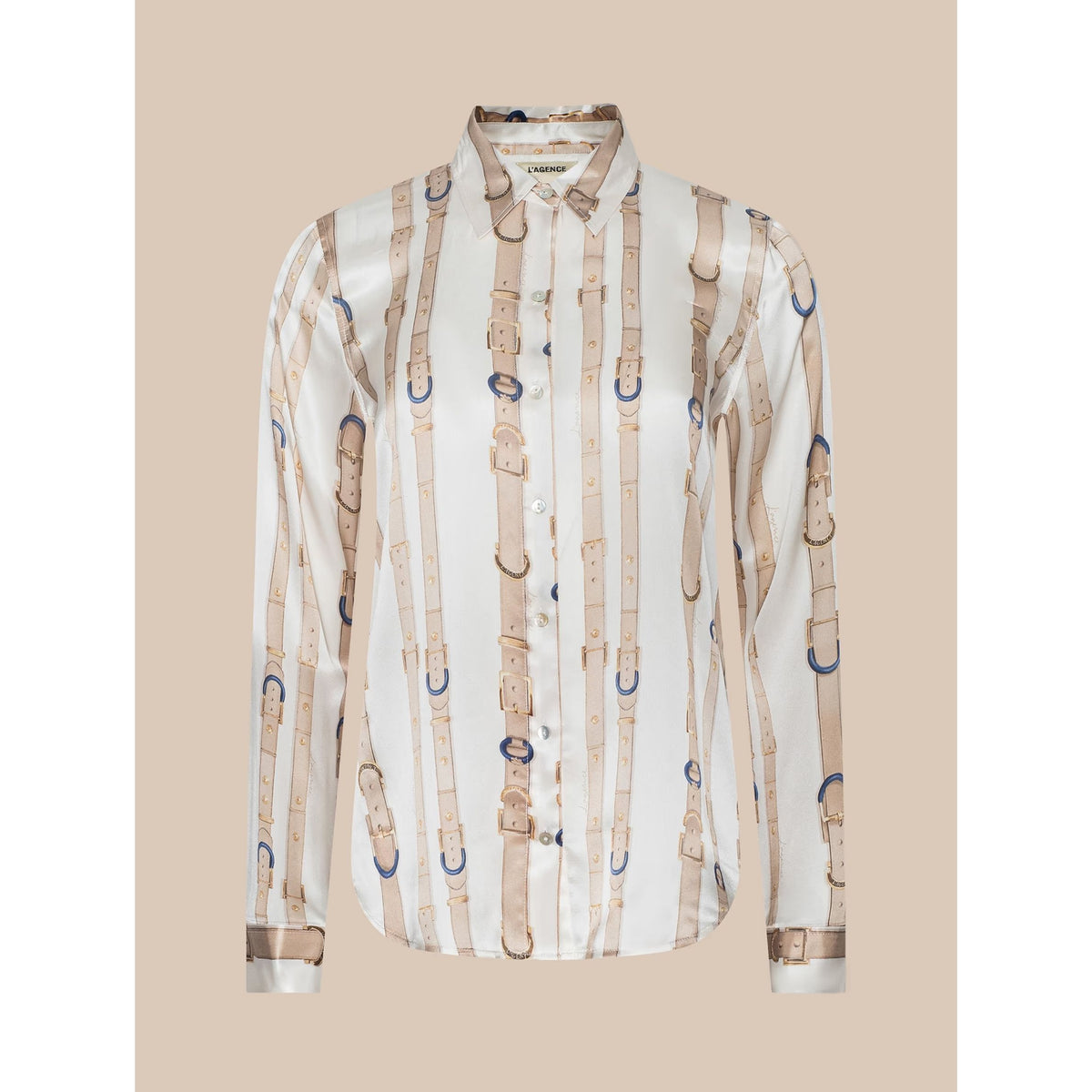 A long-sleeve button-up shirt by Viktor & Rolf, featuring a vertical strap print in beige and tan with blue accents on a white base, displayed against a solid beige background.
