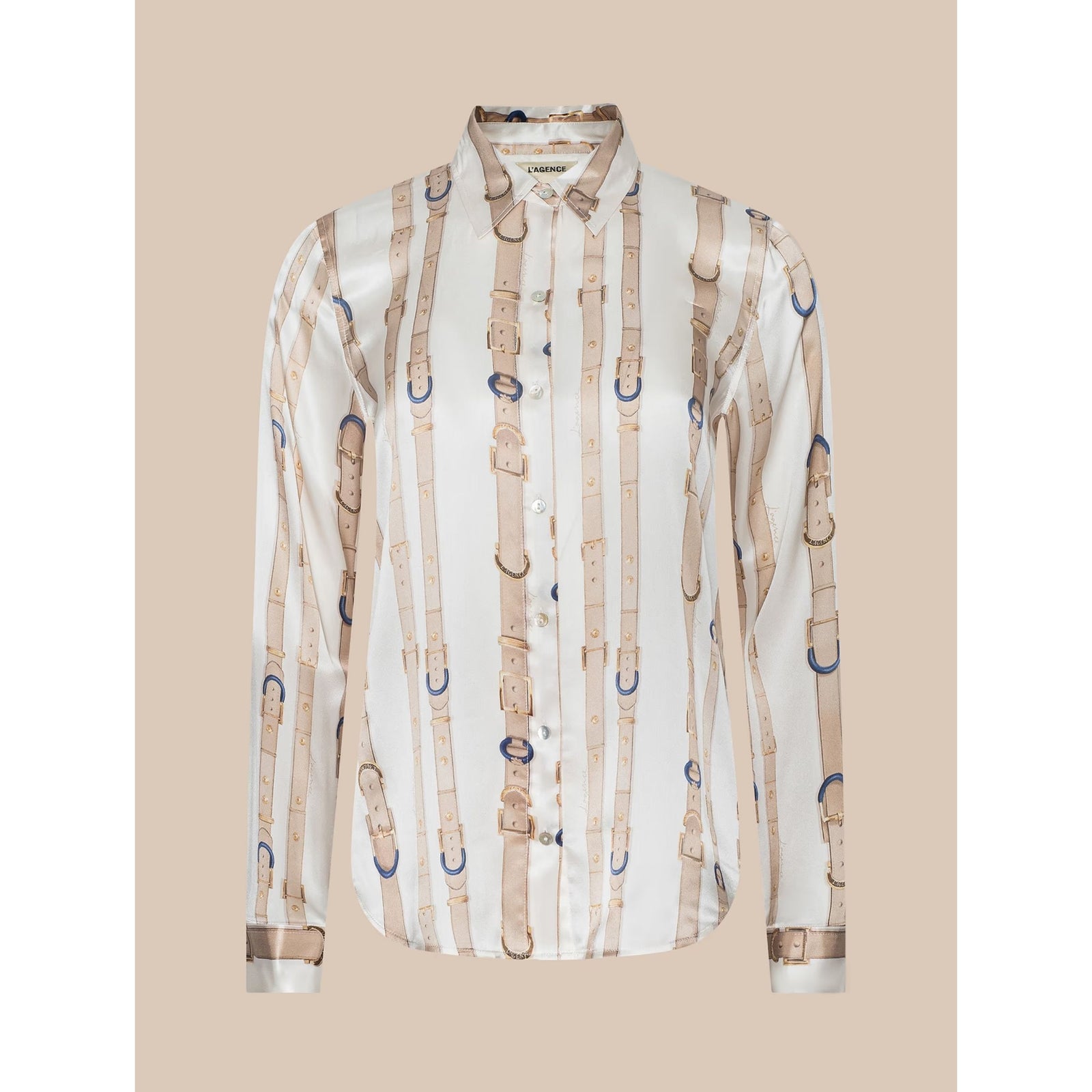 A long-sleeve button-up shirt by Viktor & Rolf, featuring a vertical strap print in beige and tan with blue accents on a white base, displayed against a solid beige background.
