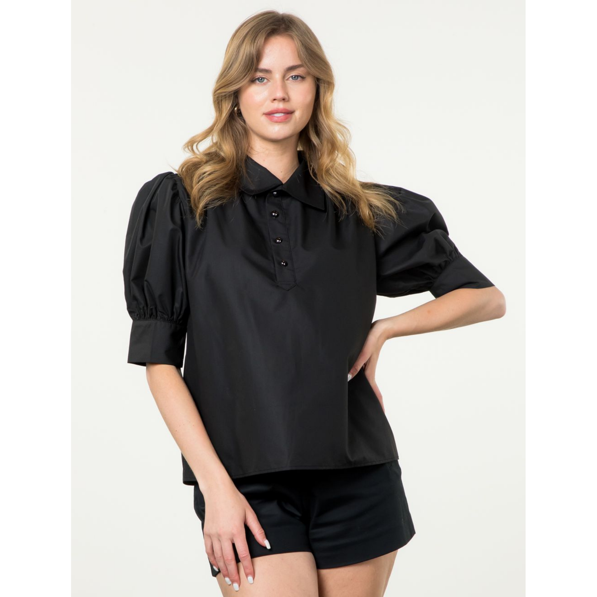 Black Short Sleeve Collared Top