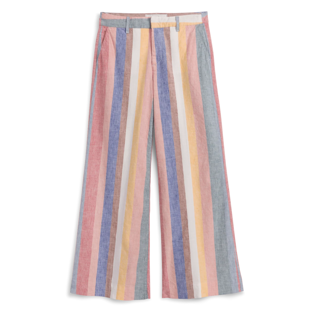 A pair of wide-leg trousers featuring vertical stripes in pink, blue, yellow, and white, laid flat against a solid white background.