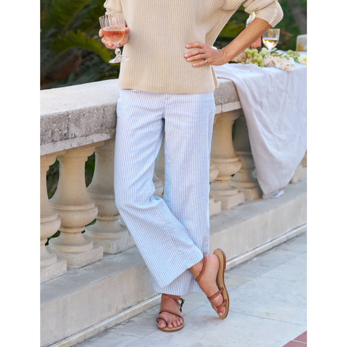 Wexford Wide Leg Linen Pant - Blue, White Stripe