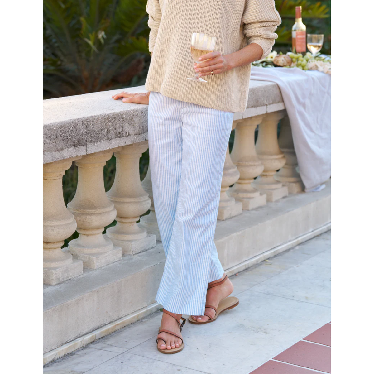 Wexford Wide Leg Linen Pant - Blue, White Stripe