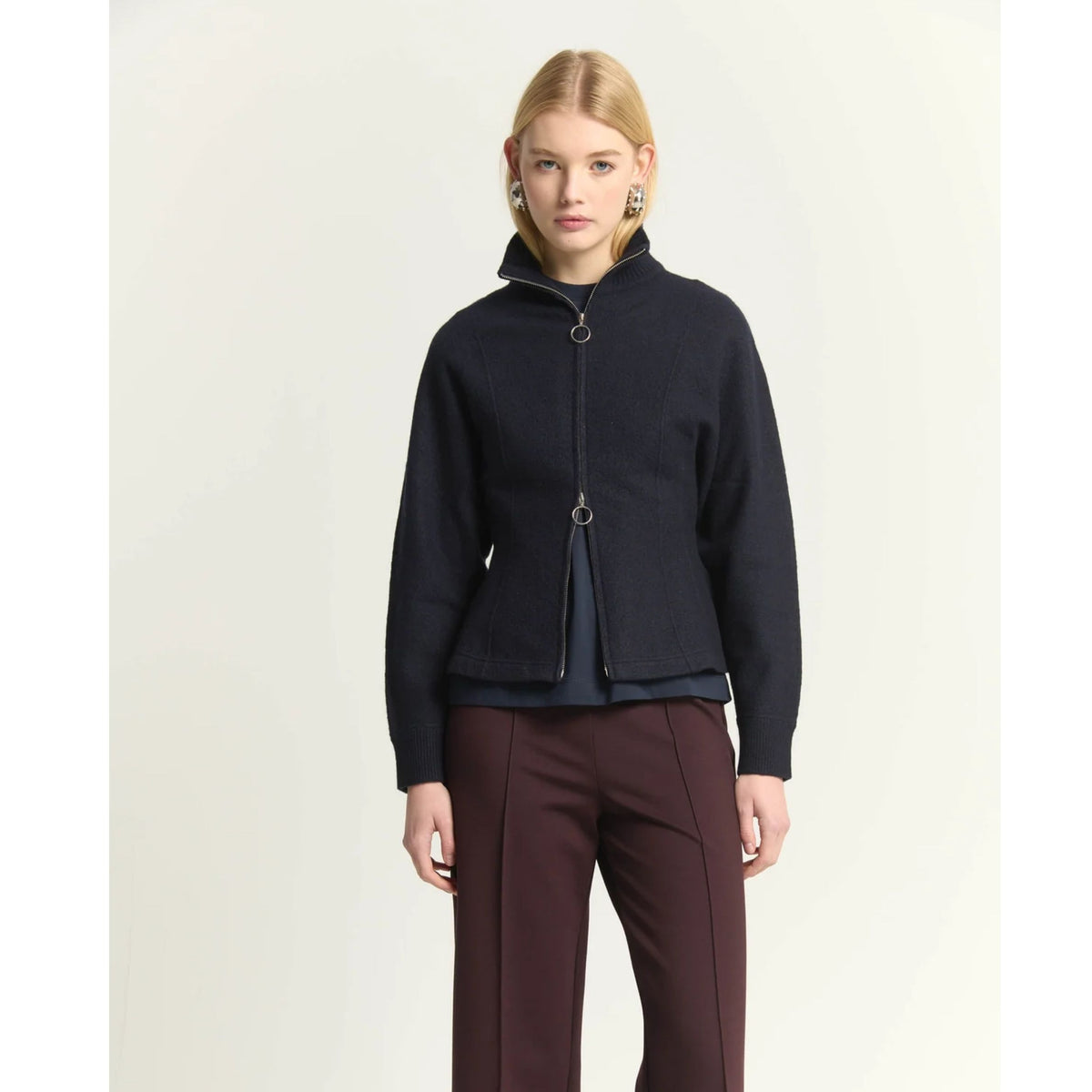 Wool Sweater With Zip - Dark Blue