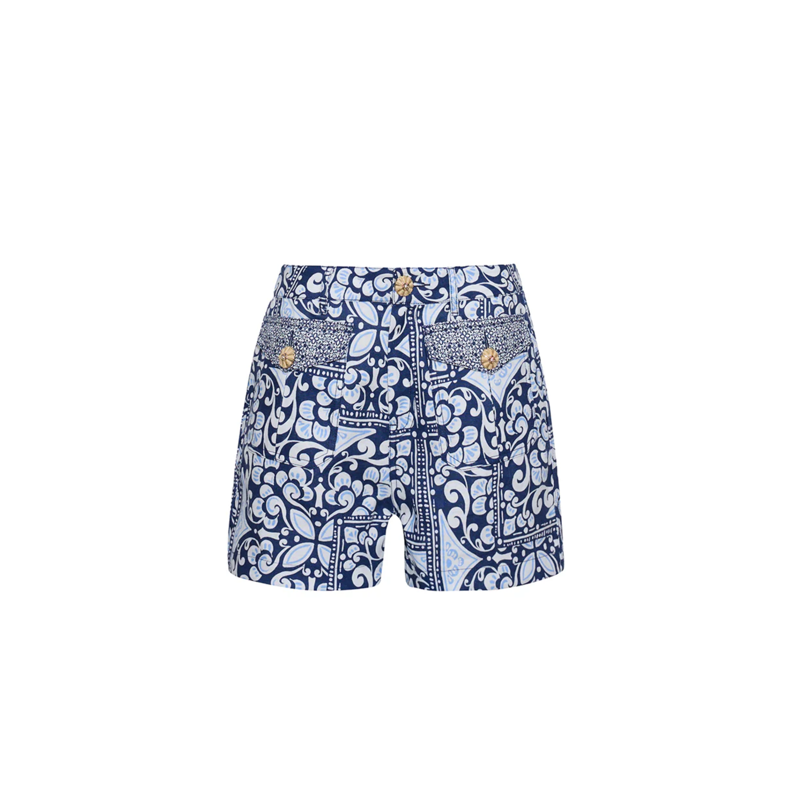 Blue patterned shorts on a white background
