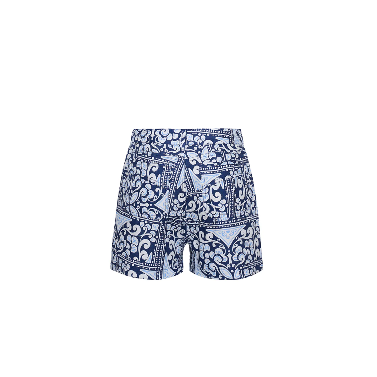 Navy and white patterned shorts on a white background