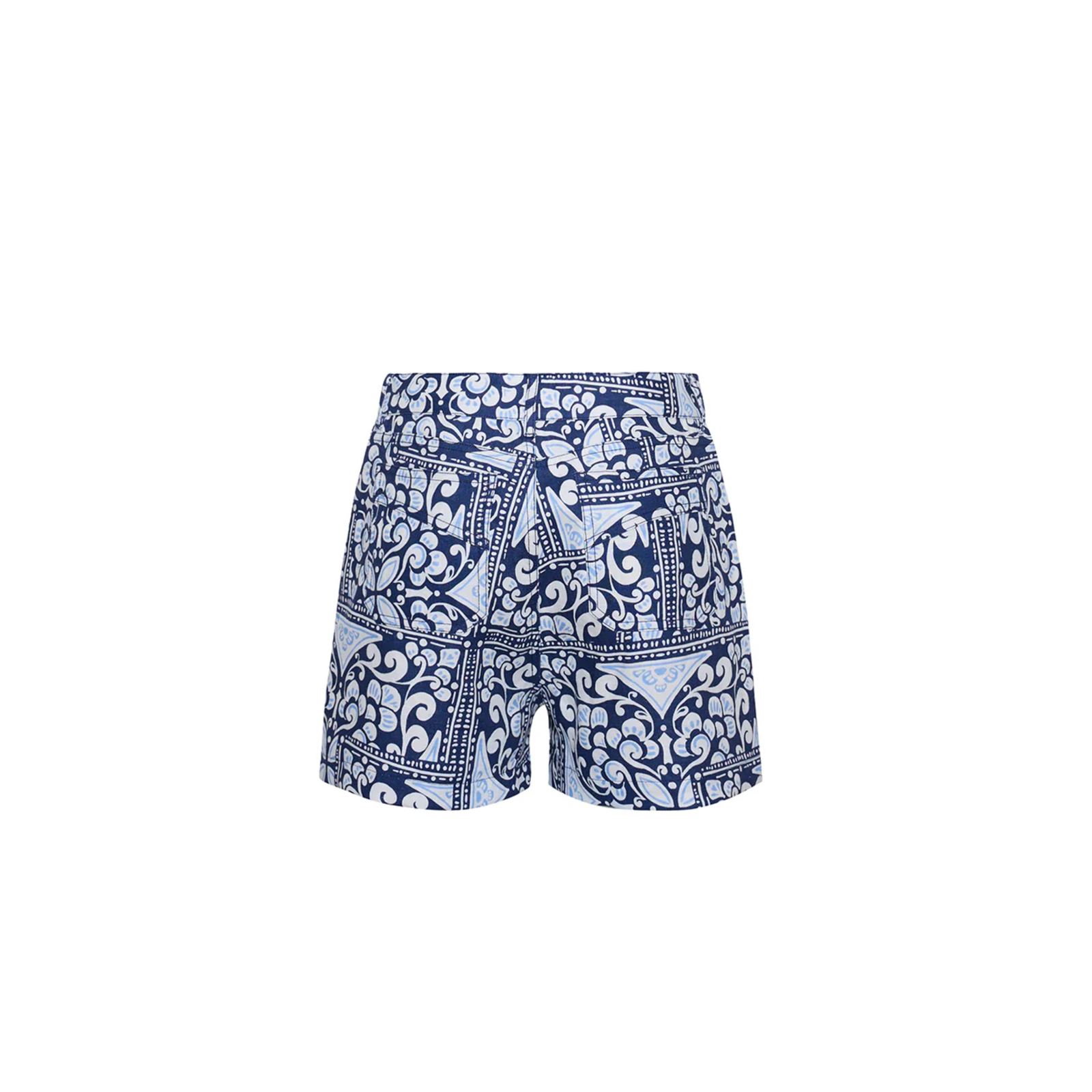 Navy and white patterned shorts on a white background